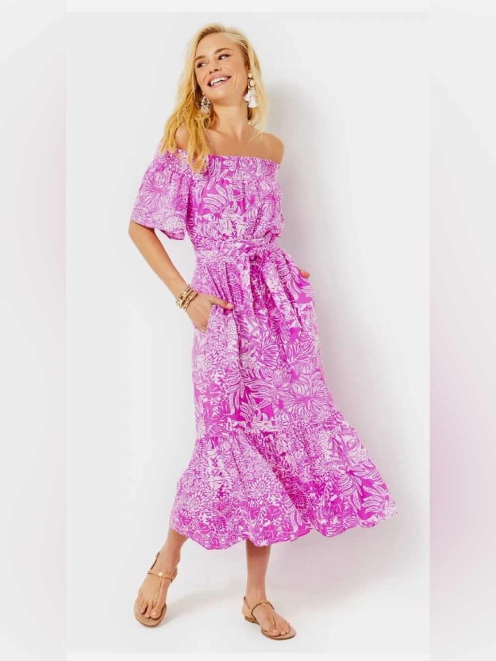 Lilly Pulitzer Isbell Off the Shoukder Lagoon Linene in Wild Fuschia
